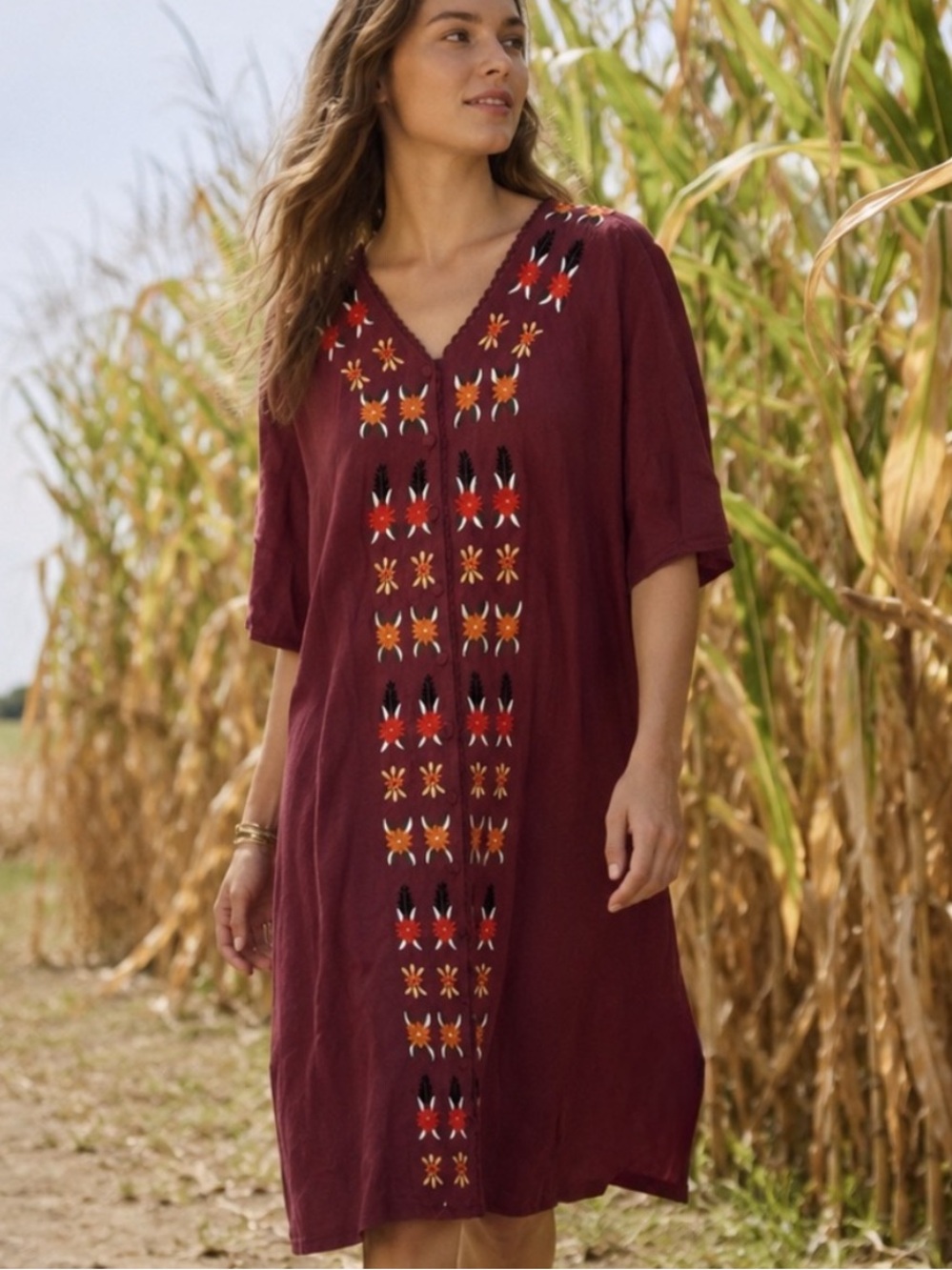 NWT Roolee Burgundy Linen Blend Embroidered Button Down Boho Lined Dress Size XL